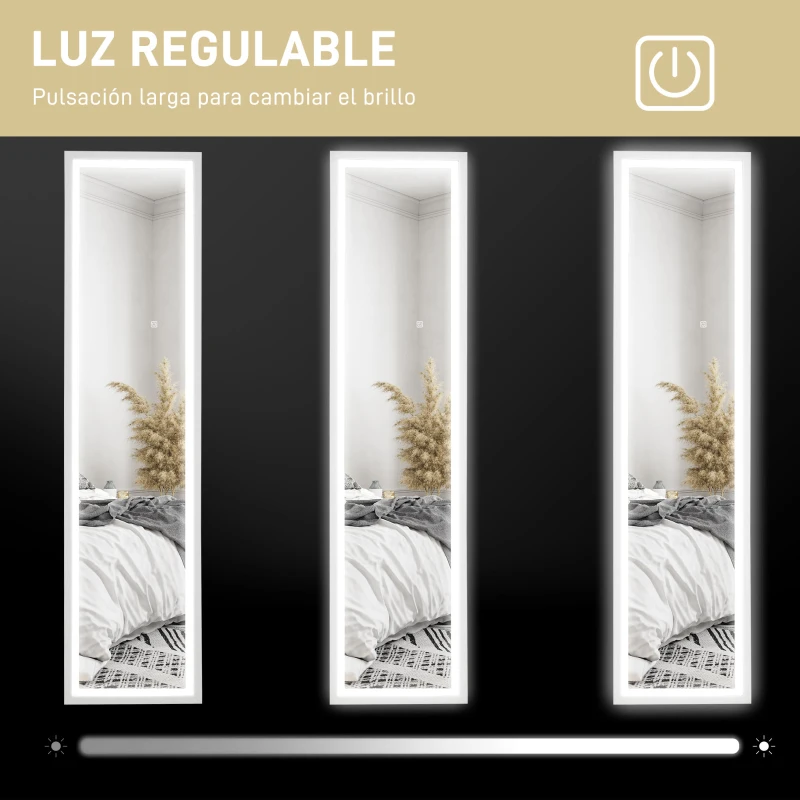 HOMCOM Espejo de Cuerpo Entero con Luz LED 160x40 cm con Iluminación de 3 Colores Táctil Inteligente Función de Memoria Blanco