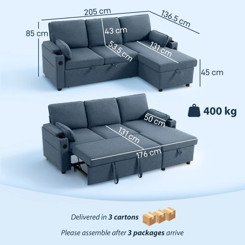 HOMCOM Corner Sofa Bed, L Shaped Sleeper Sectional Sofa with Reversible Storage Chaise, Blue