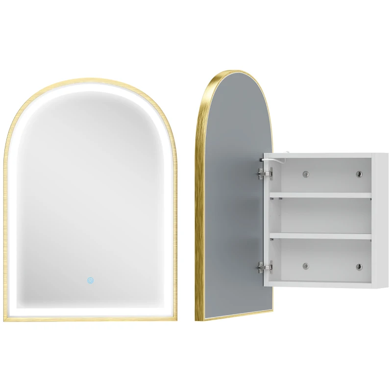 HOMCOM Armoire murale salle de bain avec miroir et éclairage LED, porte arquée, anti-buée, 50x14,5x70cm, doré