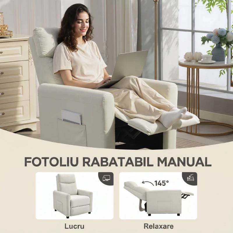 HOMCOM Fotoliu Reclinabil 135° în Material Textil cu Efect de In, Spumă, Oțel și Lemn, 73x86x100 cm, Crem
