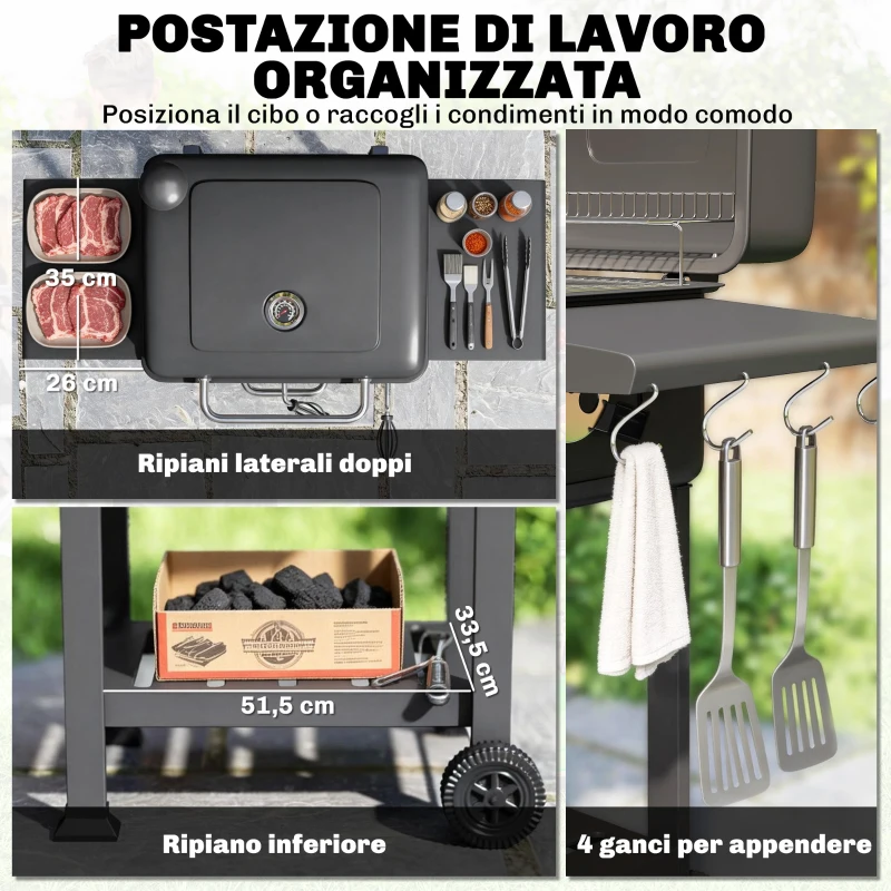 Outsunny Barbecue a Carbone, Griglia Smoker con Ruote per Uso Esterno, Nero