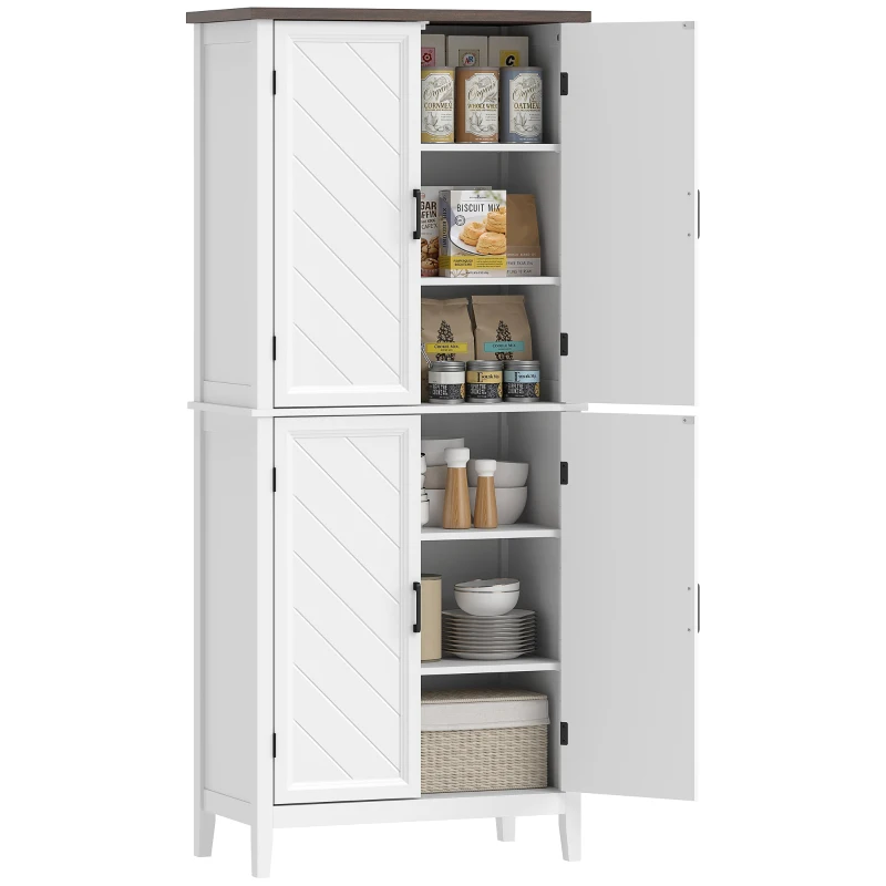 HOMCOM Buffet haut cuisine 6 niveaux, armoire de cuisine, 4 portes à chevrons et 4 étagères réglables, 76x40x178,5cm, blanc