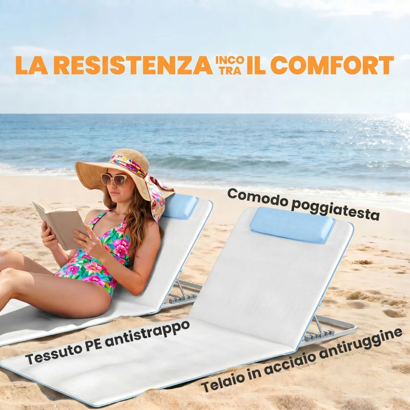 Outsunny Set 2 Lettini Prendisole Pieghevoli con Schienale Regolabile e Borsa, 48x134x36-45 cm, Beige
