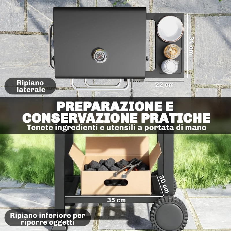 Outsunny Barbecue a Carbone con Termometro per Patio e Giardino, Nero