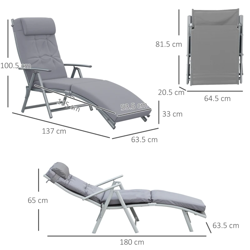 Outsunny Sun Lounger Metal Frame Outdoor Folding Chaise, Texteline Lounge Chair Recliner with Headrest and 7 Levels Adjustable Backrest, Grey
