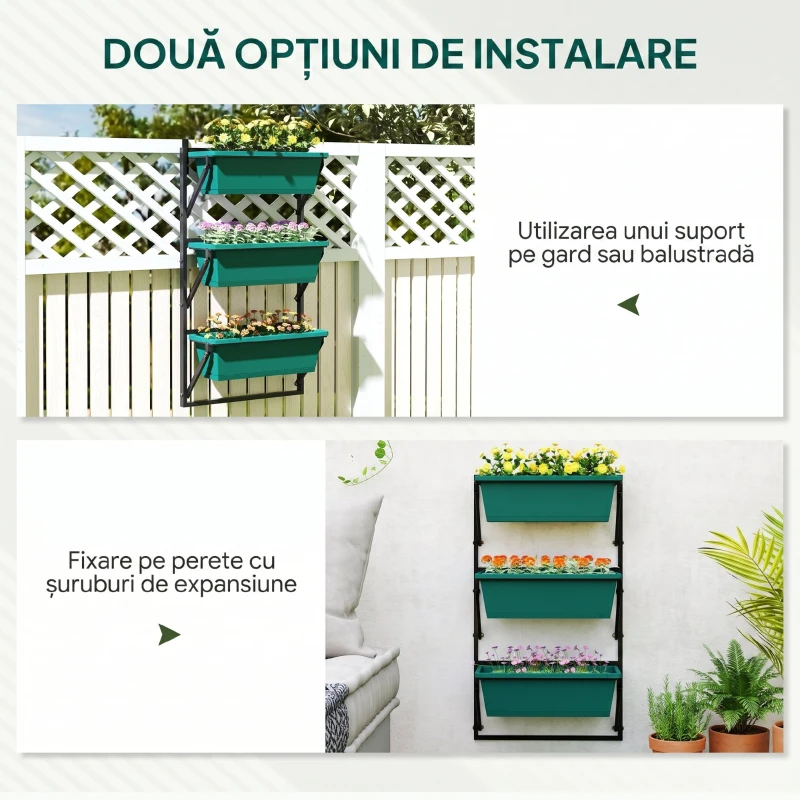 Outsunny Jardinieră de Exterior Verticală cu 3 Ghivece din Plastic cu Orificii de Drenaj, 56x42x100 cm, Verde