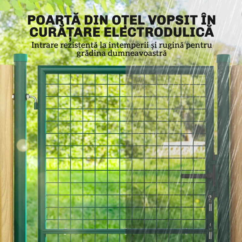 Outsunny Poartă de Grădină din Oțel 97x200 cm, Poartă cu Încuietoare, 3 Chei, Mâner și 2 Stâlpi