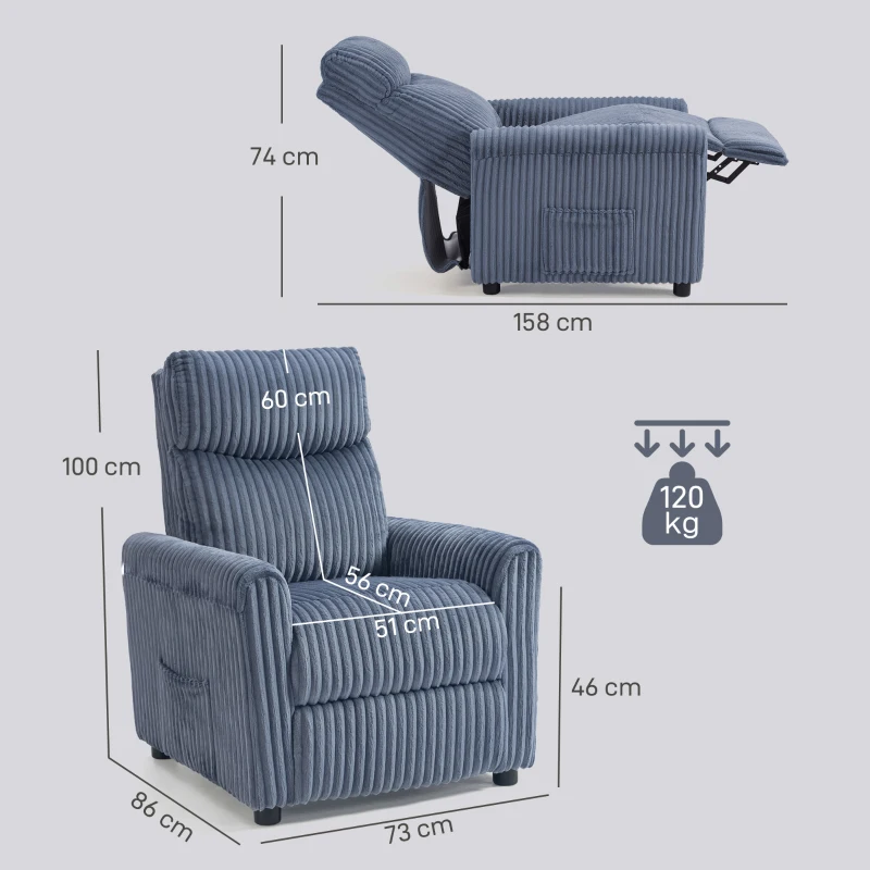 HOMCOM Sillón Relax Reclinable Manual Tapizado en Pana Instalación Rápida Reposapiés Acolchado Grueso Azul Oscuro