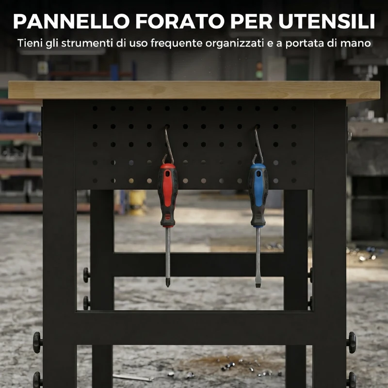 HOMCOM Banco da Lavoro in Legno e Acciaio Altezza Regolabile, 2 Prese AC, Capacità 900 kg, Color Legno e Nero