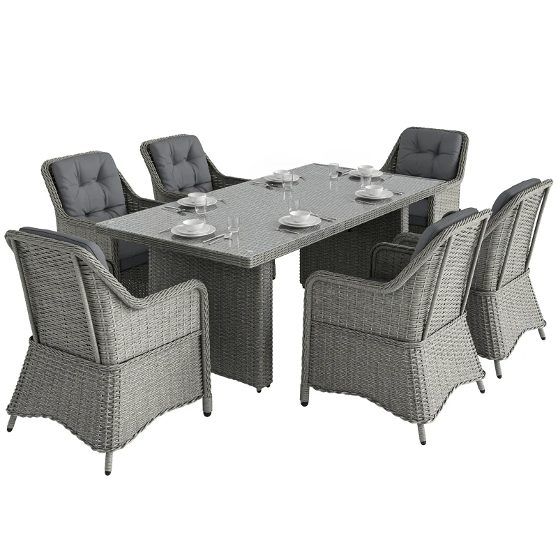 Outsunny 6 Seater Rattan Garden Dining Set with Cushions, Aluminium Outdoor Patio Furniture Set for Garden Gatherings & Outdoor Dining, Mixed Grey
