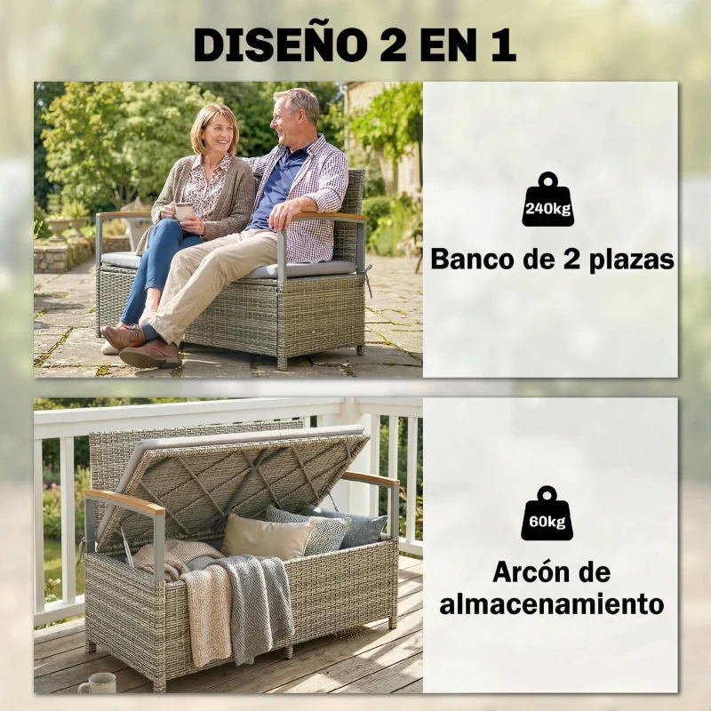 Outsunny Banco de Almacenamiento Exterior de Ratán 170 L con Cojín Lavable Respaldo Reposabrazos de Madera de Acacia Gris Claro