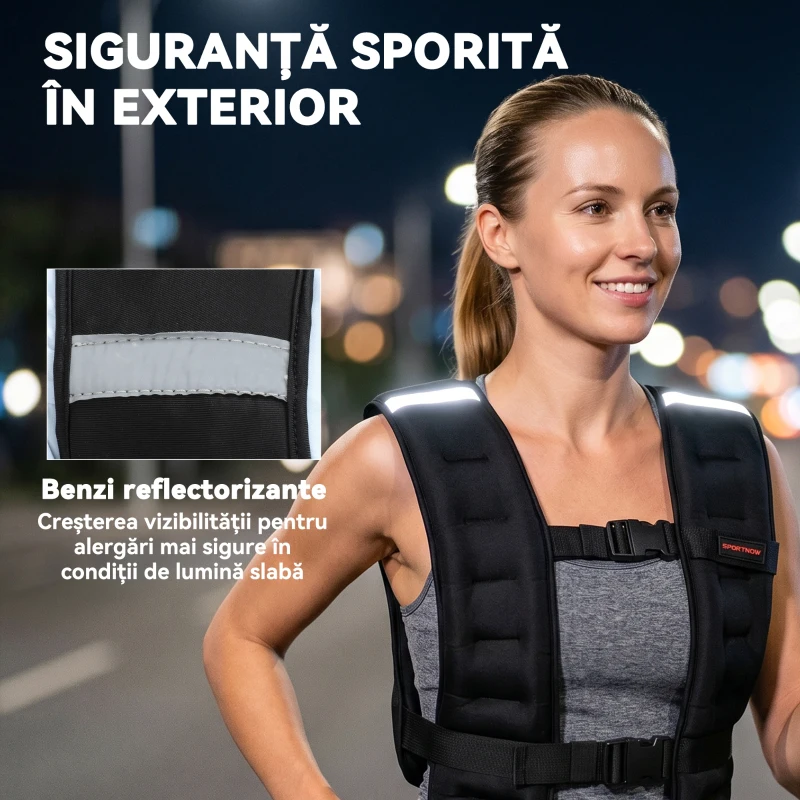 SPORTNOW Vestă cu Greutăți de 8 kg cu Curele Reglabile și Benzi Reflectorizante, din Neopren și Nisip, 43x33 cm, Negru