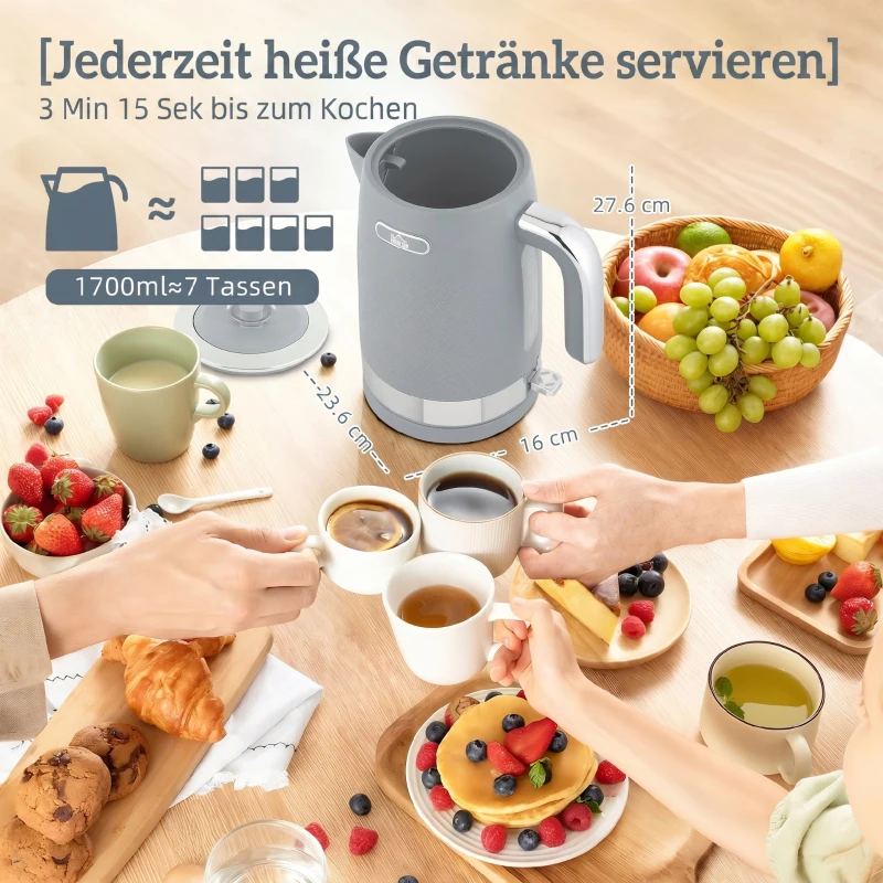 HOMCOM Wasserkocher- und Toaster-Set, 1,7L 2200W Schnellkoch-Wasserkocher mit Thermostat