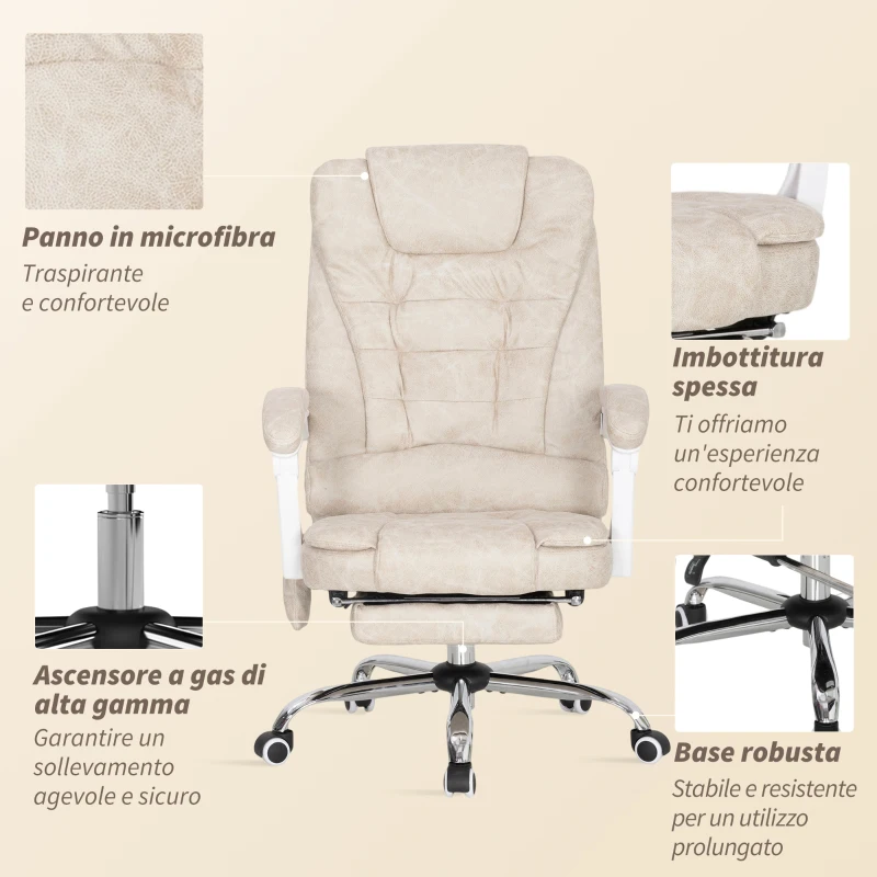Vinsetto Sedia da Ufficio Massaggiante in Tessuto Effetto Pelle Traspirante con Telecomando e Altezza Regolabile, Crema