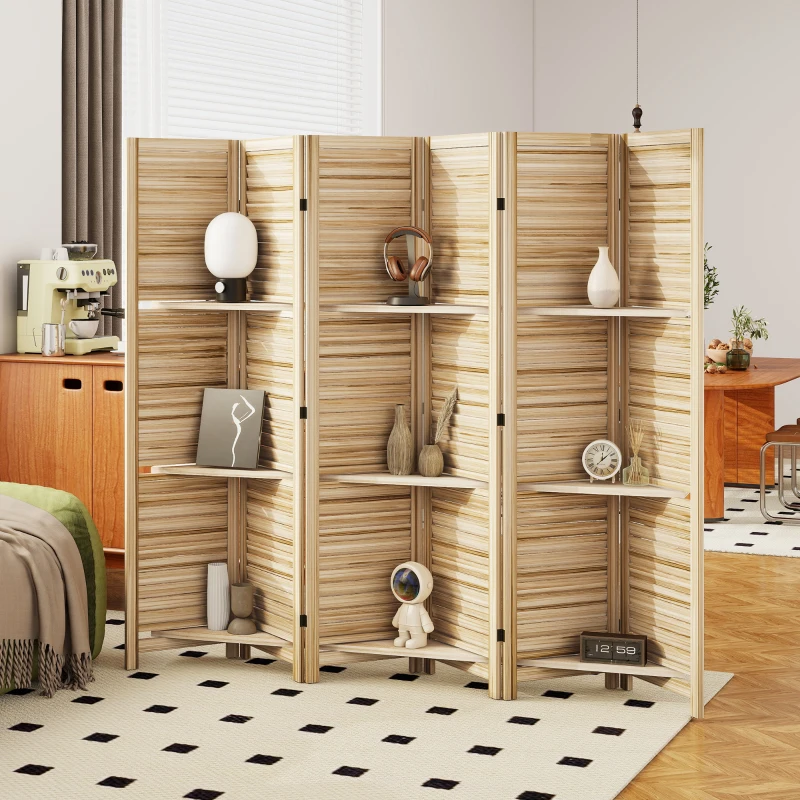 HOMCOM Paravent intérieur en bois 4 panneaux 160 x 170 cm, séparateur de pièce pliable 3 étagères, bois naturel effet brûlé