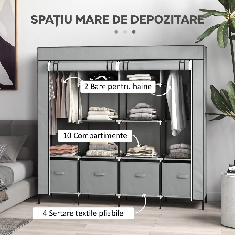 HOMCOM Dulap din Material Textil și Oțel cu 10 Compartimente, 4 Sertare și Uși cu Fermoar, Gri