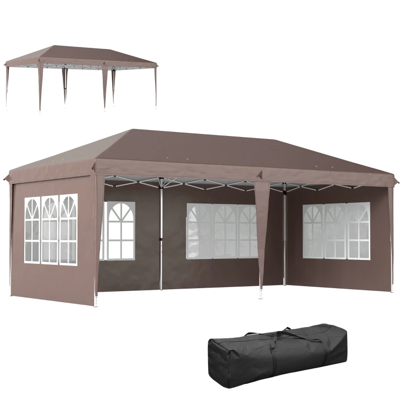 Outsunny Carpa Plegable 6x3 m Pop-up con 4 Laterales Desmontables Cenador de Jardín con 4 Ventanas y Bolsa de Transporte Café
