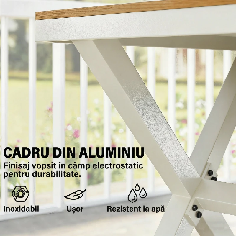 Outsunny Set Masă și Scaune de Grădină 7 Piese, Set Prânz Exterior din Aluminiu cu 6 Scaune Stivuibile, Masă cu Șipci Imitatie Lemn, pentru Terasă, Balcon, Patio, Teak
