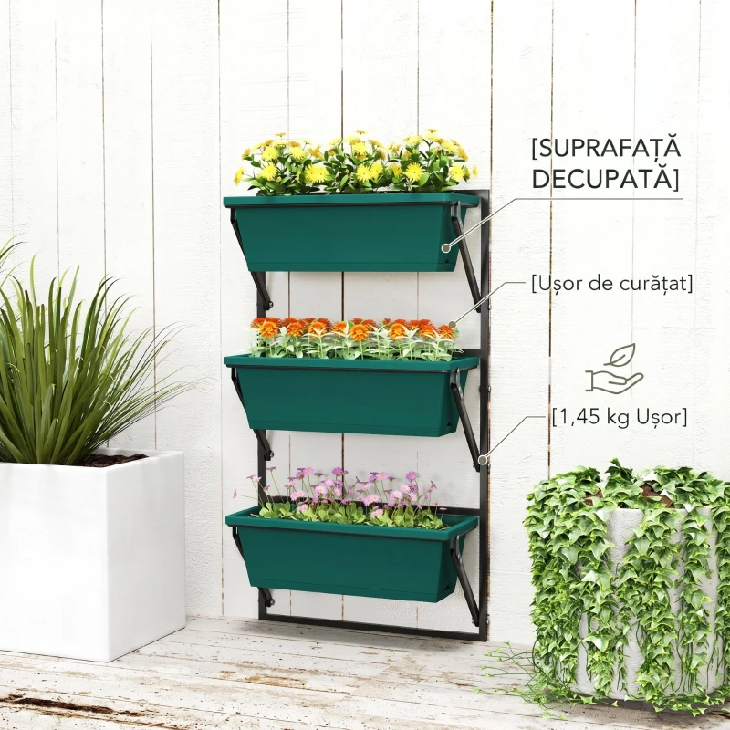 Outsunny Jardinieră de Exterior Verticală cu 3 Ghivece din Plastic cu Orificii de Drenaj, 56x42x100 cm, Verde