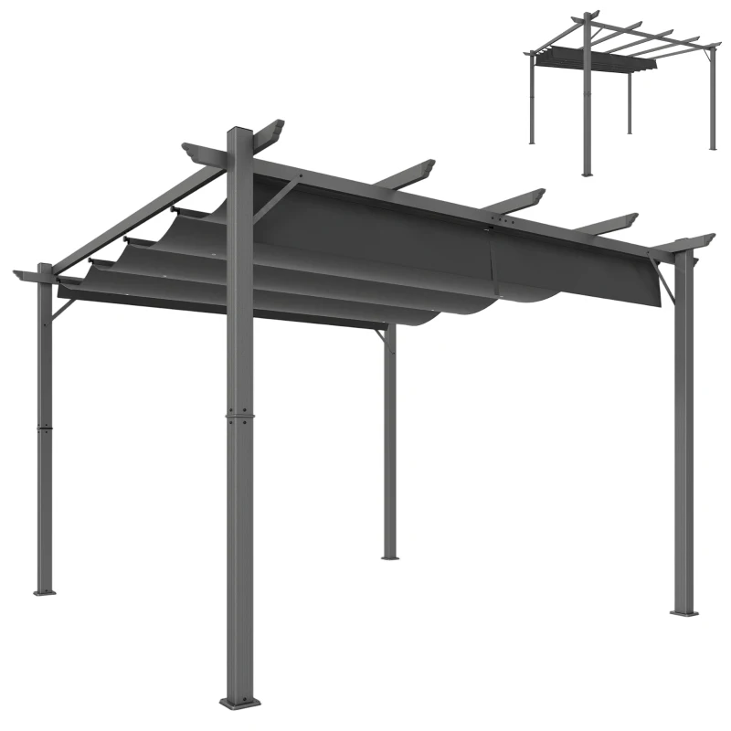 Outsunny Pérgola de Jardín 3x3 m con Techo Retráctil Protección UPF30+ Drenaje Marco de Aluminio para Patio Exterior Gris Oscuro