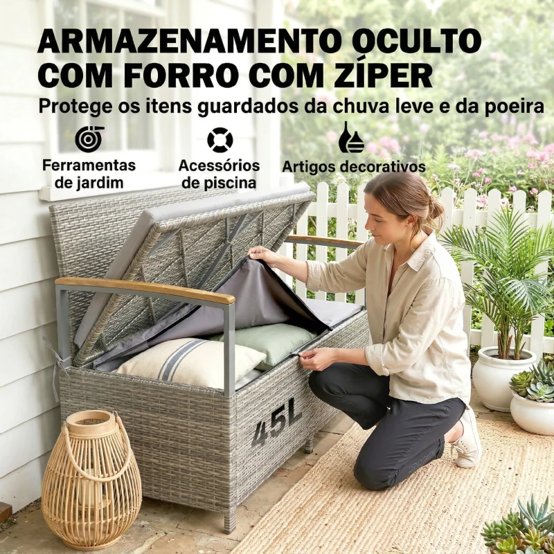 Outsunny Banco de Armazenamento Exterior 170 L com Almofada Lavável Encosto Apoios de Braços em Madeira de Acácia Cinzento Claro