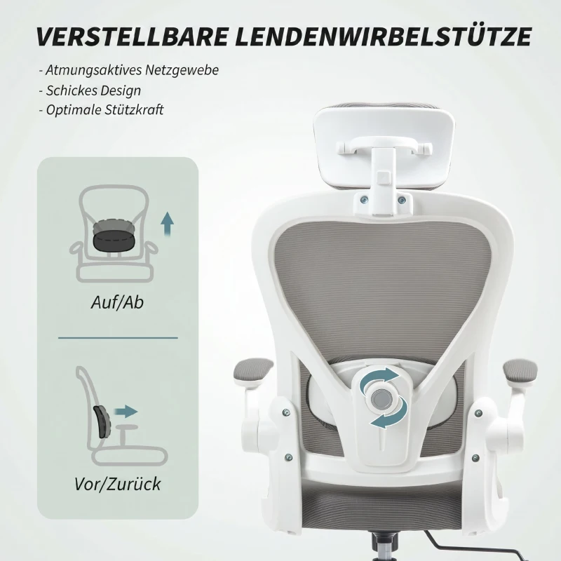 HOMCOM Bürostuhl Ergonomischer Schreibtischstuhl mit Hochklappbaren Armlehnen, Verstellbarer Lendenwirbelstütze Grau