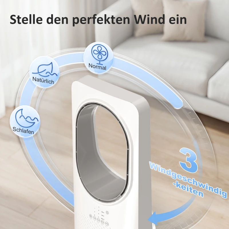 HOMCOM Bladeless Turmventilator für Schlafzimmer, 36 dB Standventilator mit 45° Oszillation, 3 Geschwindigkeiten, 3 Modi, 15-Stunden-Timer, Weiß