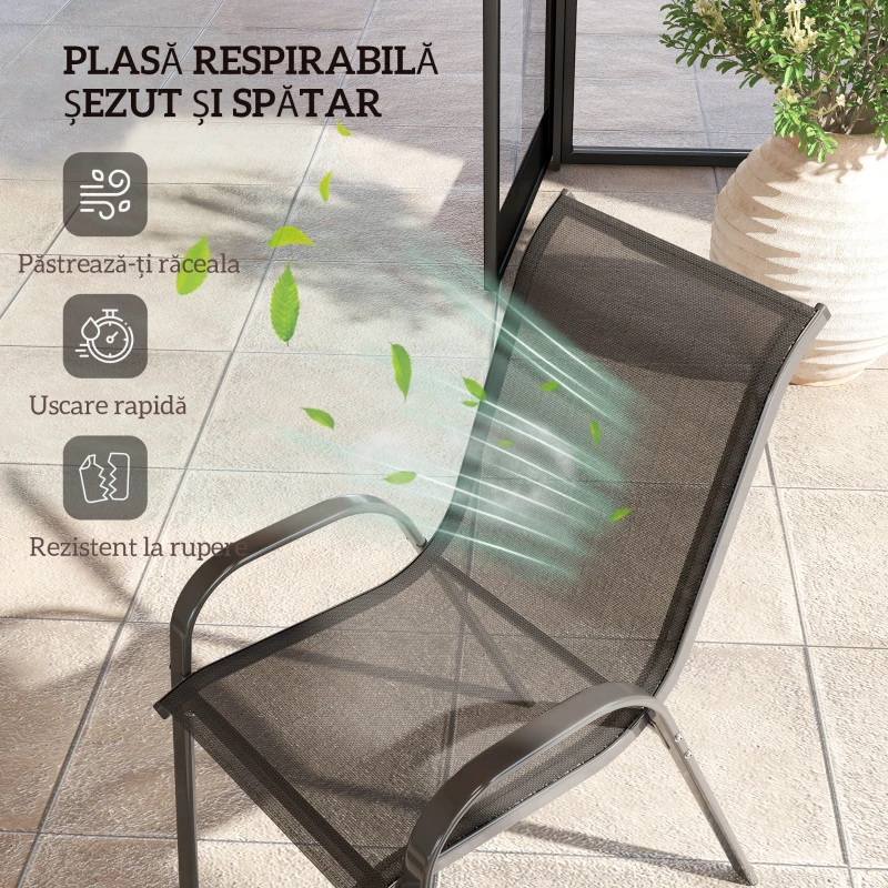 Outsunny Set de 2 Scaune de Exterior pentru Prânz, Scaune Suprapozabile cu Spătar Înalt, Plasă Respirabilă pentru Grădină sau Terasă, Negru