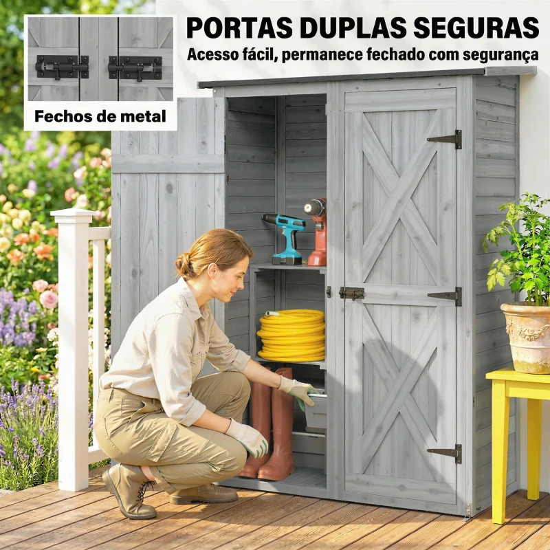 Outsunny Abrigo de Jardim de Madeira 115x53x156 cm Armário Exterior para Ferramentas com Portas Duplas Cinza