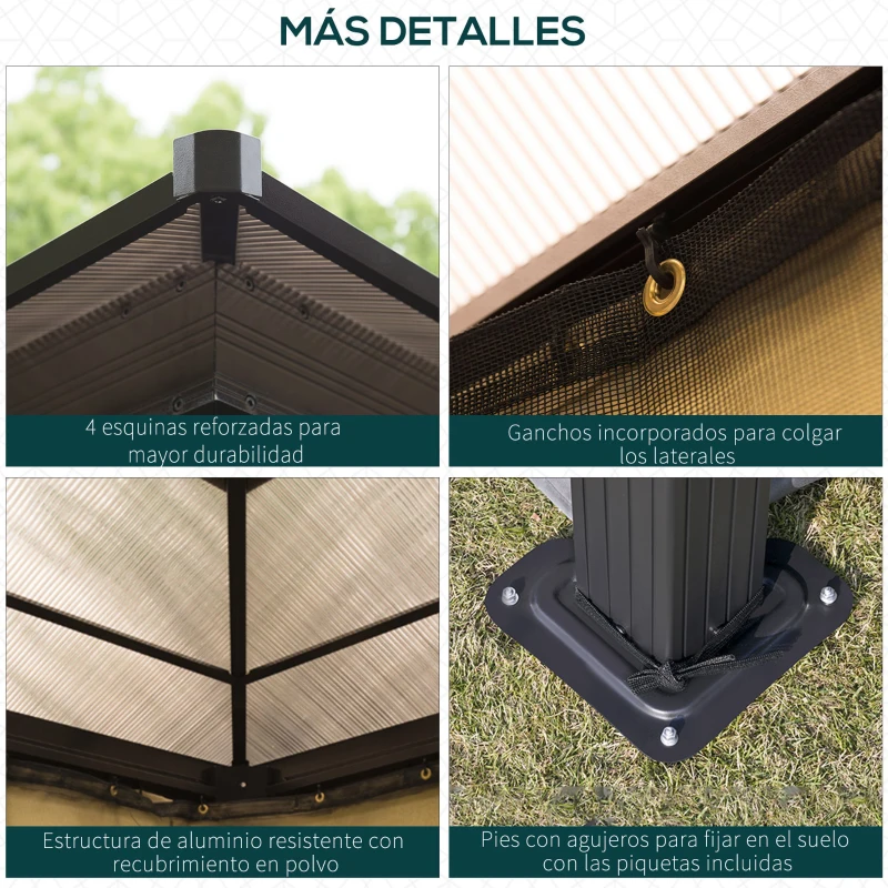 Outsunny Cenador para Jardín 3x3,6 m con Marco de Alumnio Pabellón para Exterior con Techo de Policarbonato Anti-UV Gazebo para Fiestas Eventos Beige