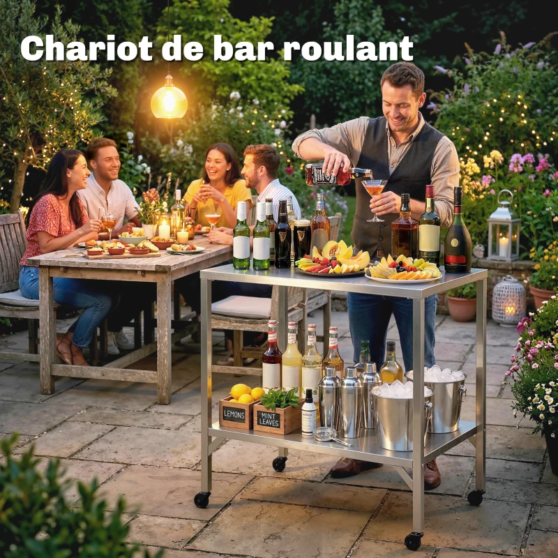 Outsunny Chariot de Barbecue Table de Préparation Extérieur avec Plan de Travail et Roulettes Acier Inoxydable 85x60x92cm Argenté