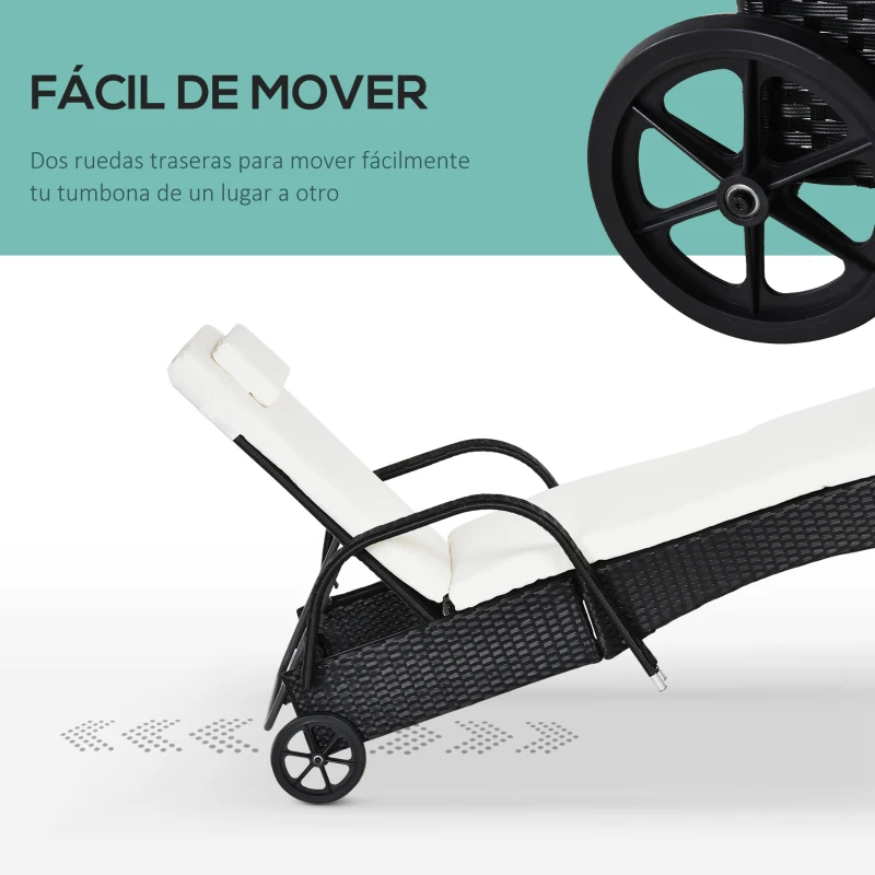 Outsunny Tumbona de Ratán de Jardín Chaise Longue con Respaldo Ajustable en 5 Posiciones Cojines Acolchados Reposacabezas y 2 Ruedas Carga 160 kg 200x73x30-103 cm Negro
