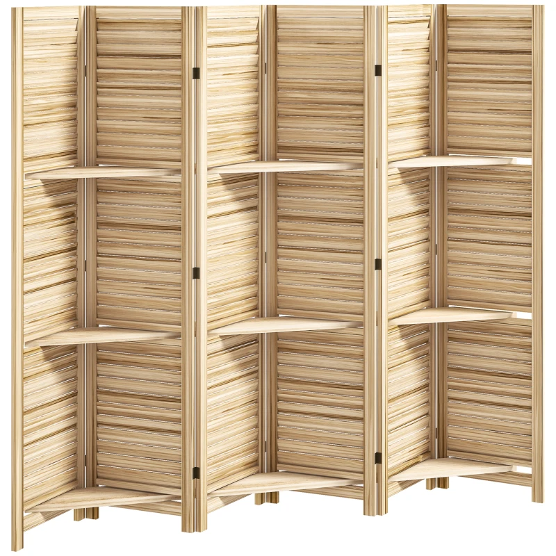 HOMCOM Paravent intérieur en bois 4 panneaux 160 x 170 cm, séparateur de pièce pliable 3 étagères, bois naturel effet brûlé