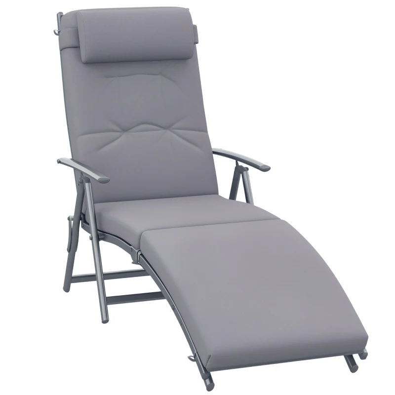 Outsunny Sun Lounger Metal Frame Outdoor Folding Chaise, Texteline Lounge Chair Recliner with Headrest and 7 Levels Adjustable Backrest, Grey