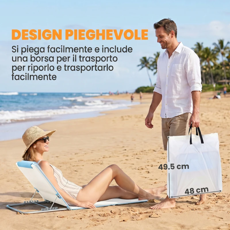 Outsunny Set 2 Lettini Prendisole Pieghevoli con Schienale Regolabile e Borsa, 48x134x36-45 cm, Beige