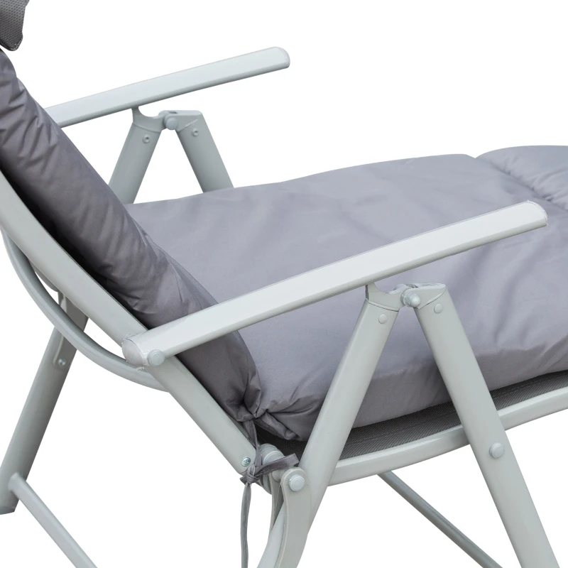 Outsunny Sun Lounger Metal Frame Outdoor Folding Chaise, Texteline Lounge Chair Recliner with Headrest and 7 Levels Adjustable Backrest, Grey