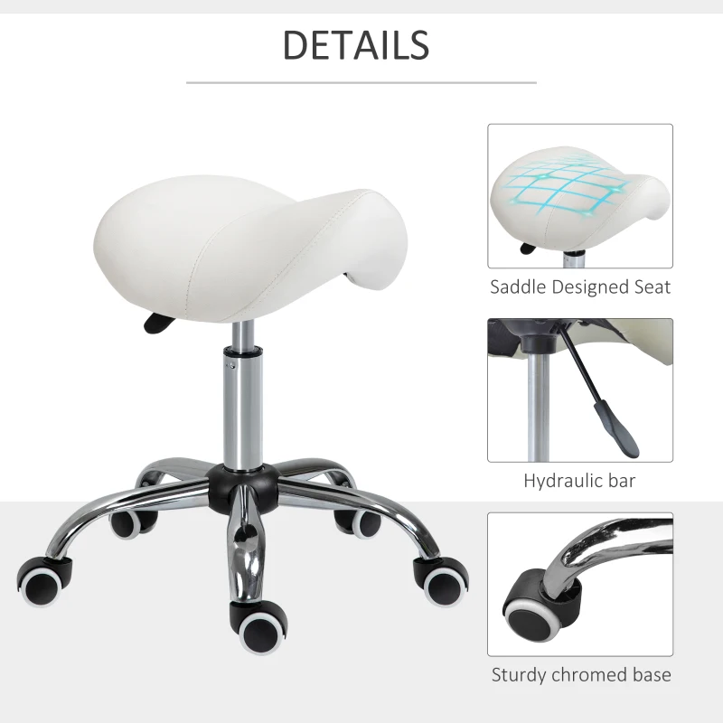 HOMCOM Height Adjustable Saddle Stool with Swivel Wheels, Faux Leather Salon Chair for Hairdressing, Beauty, Tattoo, White(m-15)