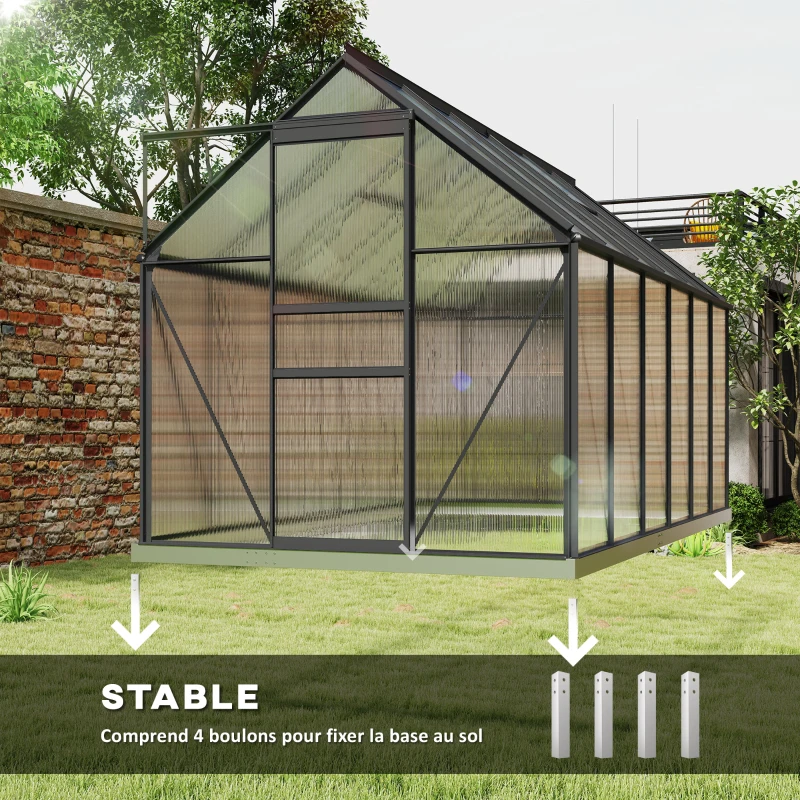 Outsunny Serre de jardin en aluminium polycarbonate avec fondation, serre avec fenêtre réglable porte coulissante 190x375x199cm