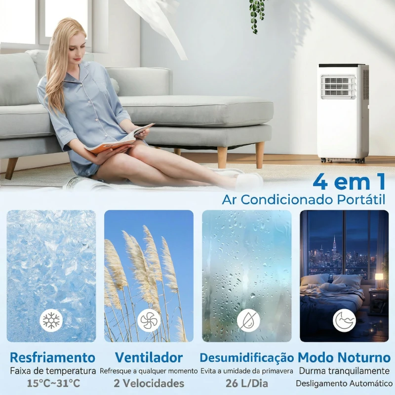 HOMCOM Ar Condicionado Portátil 10.000 BTU com WiFi Arrefecimento Desumidificador Ventoinha Temporizador Controlo Remoto e Ecrã LED para 30 m² 33x28x71 cm Branco