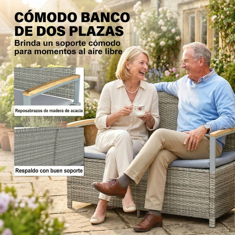 Outsunny Banco de Almacenamiento Exterior de Ratán 170 L con Cojín Lavable Respaldo Reposabrazos de Madera de Acacia Gris Claro