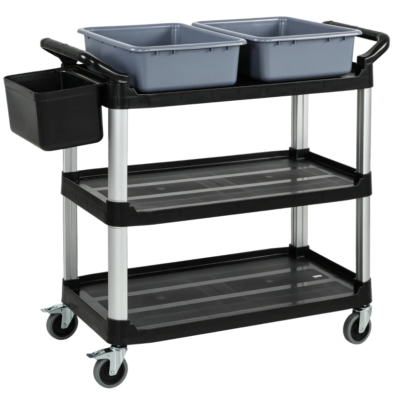 HOMCOM Chariot de Nettoyage à Roulettes avec 3 Étagères 2 Conteneurs et Seau Latéral Suspendu Charge 100 kg Noir