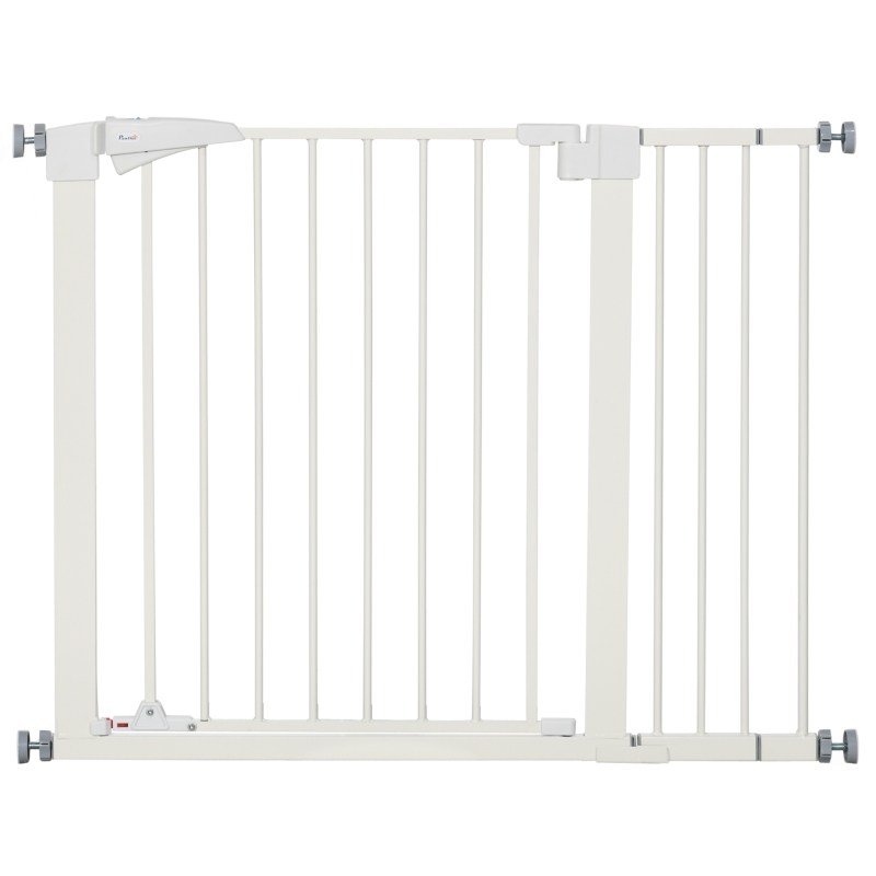 PawHut Cancelletto per Cani Taglia Piccola e Media con Doppia Serratura e Chiusura Automatica, 76-103x4.2x77 cm, Bianco