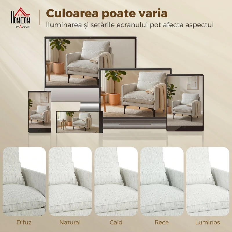 HOMCOM Fotoliu Living Tapițat din Țesătură cu Efect de In cu Brațe, Pernă Lombară și Șezut Generos, Alb