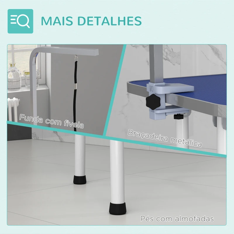 PawHut Mesa de Tosquia para Cães Dobrável com Braço Ajustável entre  60-104 cm e Bancada de Borracha Antiderrapante 81x48,5x80 cm Azul