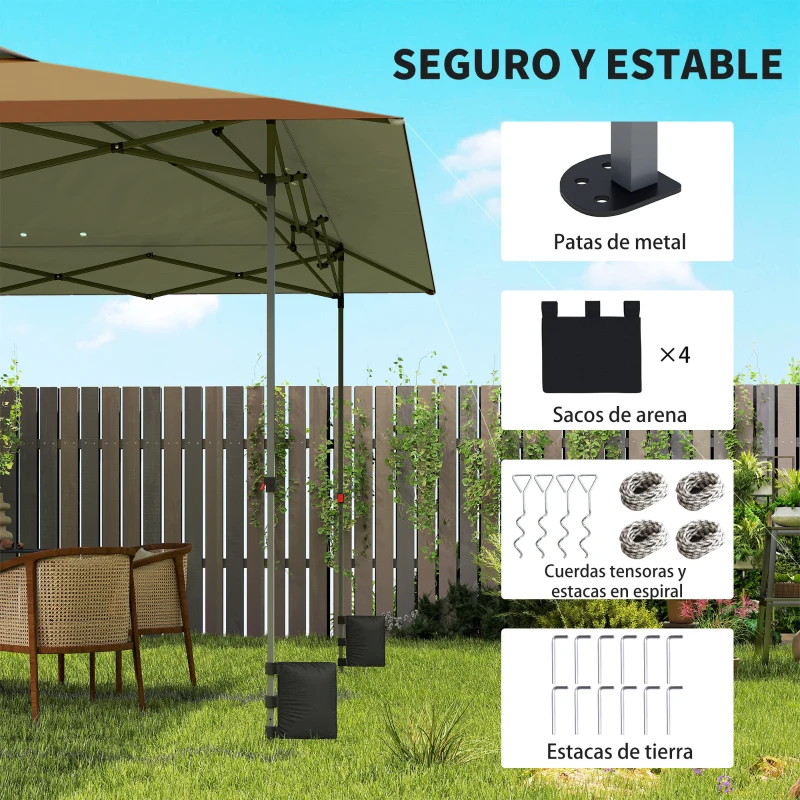Outsunny Carpa Plegable Pop-up 4x4 m con Bloqueo Central UPF50+ Altura Ajustable Bolsas de Arena y Bolsa con Ruedas Beige y Café