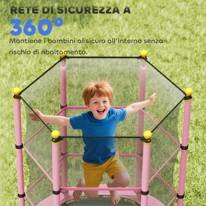 HOMCOM Tappeto Elastico per Bambini con Rete di Sicurezza e Pali Imbottiti Età 3-10 Anni, Ø140 x 190 cm, Rosa