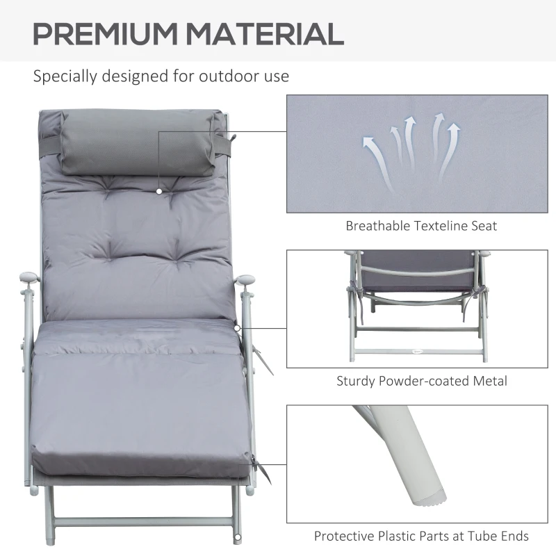 Outsunny Sun Lounger Metal Frame Outdoor Folding Chaise, Texteline Lounge Chair Recliner with Headrest and 7 Levels Adjustable Backrest, Grey