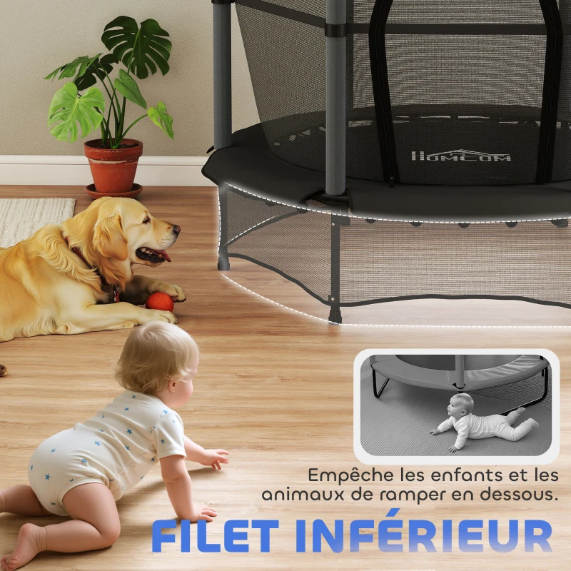 HOMCOM Trampoline Enfant Ø 1,40 × 1,90H m Filet de sécurité Porte zipée Couvre-Ressorts 6 poteaux rembourrés Inclus Noir