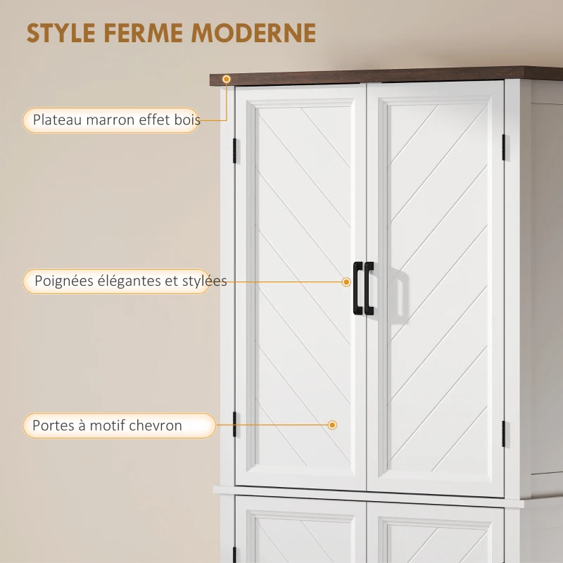 HOMCOM Buffet haut cuisine 6 niveaux, armoire de cuisine, 4 portes à chevrons et 4 étagères réglables, 76x40x178,5cm, blanc