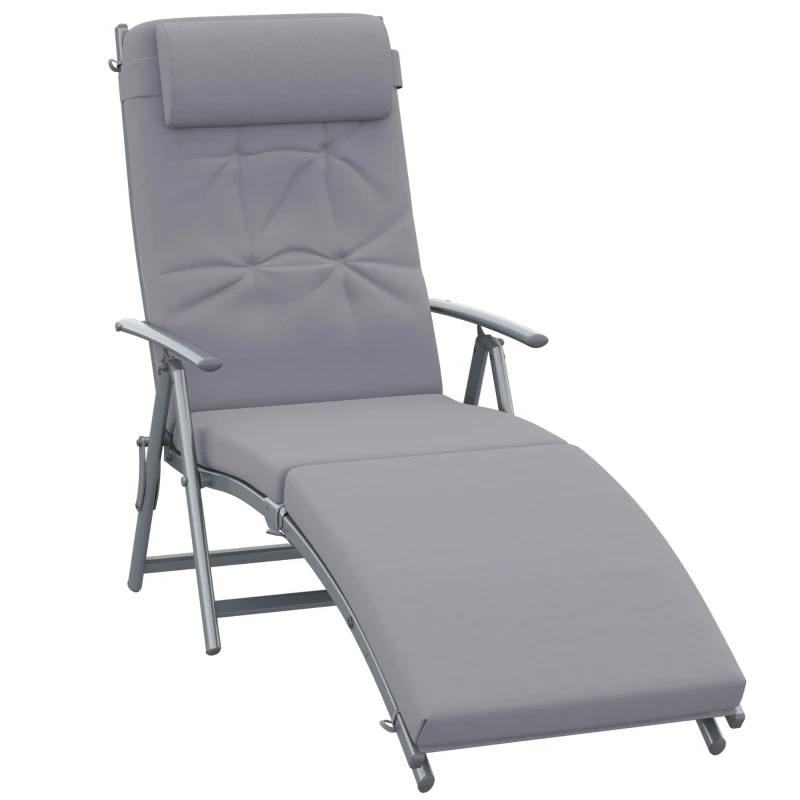 Outsunny Sun Lounger Metal Frame Outdoor Folding Chaise, Texteline Lounge Chair Recliner with Headrest and 7 Levels Adjustable Backrest, Grey